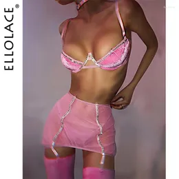 Bras Sets Ellolace Velvet Rhinestone Lingerie Bra Kit Push Up Underwear Fancy Delicate Exotic Fairy Pink Intimate Beautiful Outfit