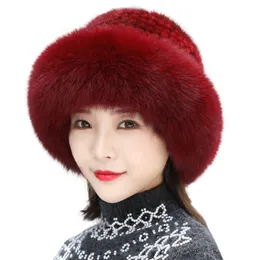 Fashion Winter Warm Women Knit Caps Mink Hats With FOX Fur Vertical Woven Top Women's Earmuffs Beanies Caps