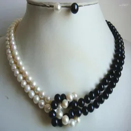 Collana orecchini set annodato a mano 2 file 7-8 mm bianco nero perla d'acqua dolce per gioielli moda donna
