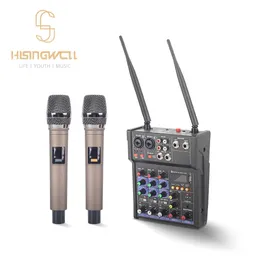 Microphones Hisingwell Audio DJ Mixer 4 -kanaler Console med UHF Wireless Microphone Sound Mixing Bluetooth 48V Phantom Power, Studio.