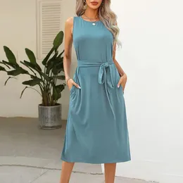 Casual Dresses Women 2023 vårens sommar ärmlös tank Crewneck Beach sundress damer slits lös midi klänning med fickor