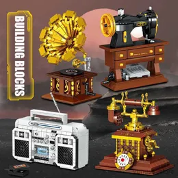 Blocks Creative Retro Gramophone Printer Radio Model Mini Building Blocks Telefonsamling Ornament Children's Toy Gift R230629