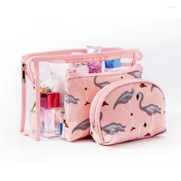 Torby do przechowywania kolor Flamingo Ladies Cosmetics Bag wdrożony wodoodporny przezroczysty pvc mycie trzyczęściowe