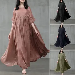 Casual klänningar 2023 Summer Temperament Women's Dress Cotton Linen Pullover Round Neck Stor sväng fast färg bekväm