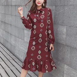 Casual Dresses Print Vintage Chiffon Long Dress Women Sleeve Bow-tie Neck A-line Boho Beach Mujer Vestidos Temperamentc