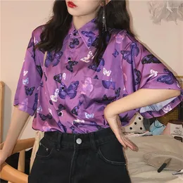 Kvinnors blusar Purple Butterfly Print Women Button Up Shirts Harajuku Blue Y2K Eesthetic Clothes Cardigan Vintage Tops Fairycore Clothing