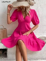 Vestidos casuais elegantes Midi para mulheres verão decote em V manga bufante babado vestido de praia moda vermelho simples linha A em 2023
