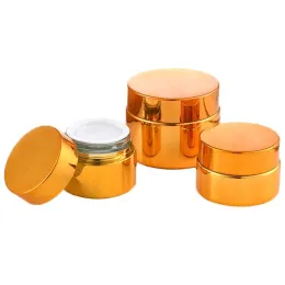 Glass Jar, Gold Plated, Small Tiny Bottle, Cosmetic Sample Empty Container, Round Pot, Screw Cap Lid, for Make Up, Eye Shadow, Nails, Powder, Paint, JewelryBPA Free,