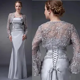 Elegante abito da madre della sposa a sirena d'argento con giacca corta in pizzo Plus Size Abito da sera formale da donna a maniche lunghe