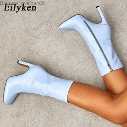 부츠 부츠 Eilyken 크기 35-42 여성 스퀘어 헤드 발목 패션 하이힐 가을 겨울 신발 지퍼 사무실 레이디 블루 Botas De Mujer 220902 Z230630