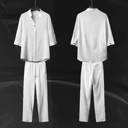 Erkek Polos 2 Parça Keten Set Yazlık Kıyafetler Buz Ipek Iki Parçalı Takım Ince Kısa Kollu T Gömlek Artı Boyutu Pantolon 230630