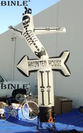 Uppblåsbara studsare Playhouse Swings Ghost Uppblåsbar Halloween Air Dancer Sky Man med "Haunted House" -skylt för dekoration 230626