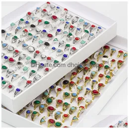 Band Rings 50Pcs Antique Sier Color Vintage Style With Mixed Stones For Women Drop Delivery Jewelry Ring Otefy