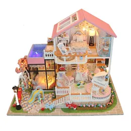 Doll House Accessories LED Light Doll House Miniature DIY Dollhouse Handmad Wooden Furnitures Pretend Play House Toy For Children Birthday Gift 230629