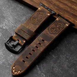 Titta på band handgjorda Apple Watch Watchband Men äkta läderkohud S7/S8 för AppleWatch8/6/5/Ultra Watch Strap 45mm Vintage Style 230630