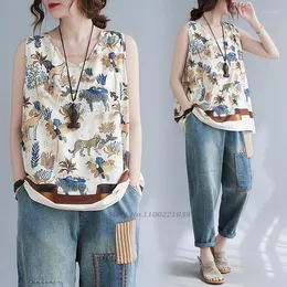 Etniska kläder 2023 Kinesisk Camisole Tang Suit Tank Topps National Flower Print Vintage Women Cotton Linen Sleeveless Vest