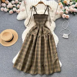 Casual Kleider Foamlina Frauen Sommer Bowtied Strap Kleid Vintage Stil Plaid Print Ärmellose Plissee Hohe Taille A-linie Midi Party