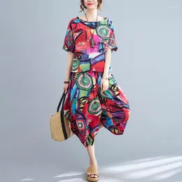 Kadın İki Parça Pantolon Harajuku Adet Setleri Kadın Pamuk Keten Rahat Takım Elbise Yaz Vintage Stil Baskılı Kadın Üstleri Tees Buzağı-uzunluk Harem