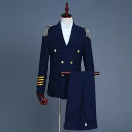 Ship Mens Badge Captain Uniform Cosplay Stage Performance Suit Jacket With Pants Navy White294G