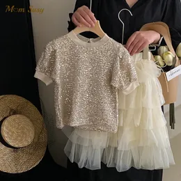 Kläder sätter mode baby girl prinsessor paljetter tshirt tutu kjol spädbarn småbarn barn bling sweetshirt lager kläder 1 10y 230630