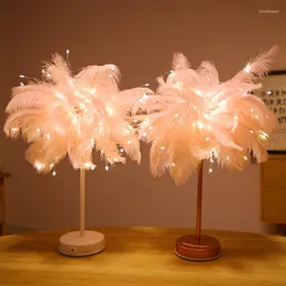 Lampy stołowe Lampa piórkowa Miejsce Dandelion Miedziane Drut Romantyczne Dekoracja pokoju USB Pilot Nocne oświetlenie