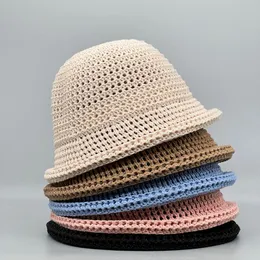 Ny krullad kant stickad hink hatt kvinnor sommar mångsidig japansk hink mössa ihålig solskade andningsbara solhattar gorras mujer