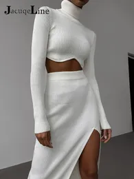 Two Piece Dress Jacuqeline Autumn Winter Sexy Knitted Suit Women Turtleneck Sweater Tops And High Waist Long Skirts Party Elegant Tracksuit 230629