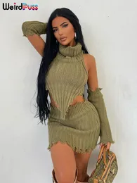 Abito a due pezzi Weird Puss Crochet Chic Donna Sexy Set di 3 pezzi Dolcevita Canotta estetica Manica Minigonne abbinate Y2K Trend Streetwear 230630