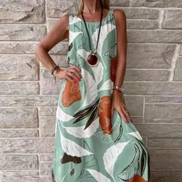 Casual Dresses 2023 Spring O Neck Pocket A-Line Boho Dress Women Vintage Mönster Skriv ut Löst sundress Sommar ärmlös Tank Maxi Beach