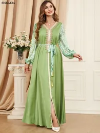 Ethnic Clothing Elegant Muslim Maxi Dress for Women Refreshing Mint Green Summer Abaya Golden Ribbon V Neck Beaded Long Sleeve Jalabiya 230630