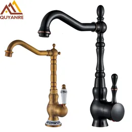 バスルームシンク蛇口Quyanre Black Bronze Retro Antique Brass Basin Faucet Single Handle Mixer Tap 360 Rotation Kitchen Faucet Kitchen Mixer Taps 230629