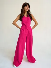 Kvinnors träningsdräkter Mnealways18 Pink Elegant Blazer 2 Pieces Set Set High midje Wide Ben Pants Suits Satser Button Vest Outfit Office Ladie Summer 2023 230629