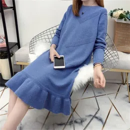 Casual Dresses Autumn Winter Fashion Big Size Women O-Neck Sticke Dress Elegant Lady Knitting Sweater Pullovers Bottings WZ901