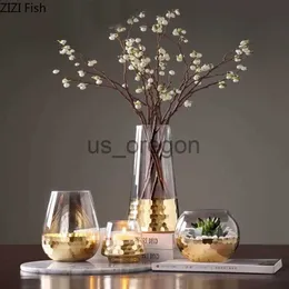花瓶クリエイティブガラス花瓶金メッキゴールドベースドライフラワーアレンジメント花瓶リビングルームオフィス家具家の装飾モダンx0630