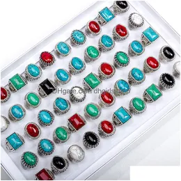 Band Rings 20Pcs/Lot Fashion Retro Bohemian Turquoise Natural Stone Ring For Men Women Trendy Vintage Geometric Jewelry Party Gift D Otlro