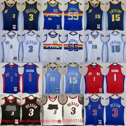 Bedrucktes Mitchell und Ness 2006–07 Basketball 15 Carmelo Anthony Trikot Retro Dikembe Allen Mutombo Iverson Trikots Hemden Blau Weiß 1991–92 Iverson 1997–98
