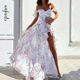 Basic Casual Dresses Wefads Women Maxi Dress Summer Elegant Floral Printed Off Shoulder V Neck Slit Ruffled Irregular Nipped Waist Dresses Streetwear 230629