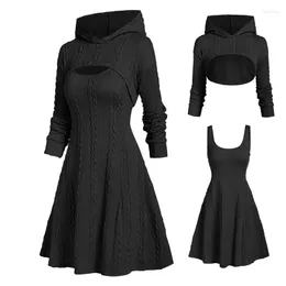 Vestidos casuais moda suéter com capuz mais quente vestido cor pura manga longa corte top e mini roupão conjunto para inverno feminino primavera