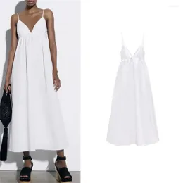 Sukienki swobodne kobiety moda biała spaghetti sukienka Summer Deep V-dec-dec-line długość kostki długi backless vestido