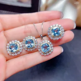 Conjunto de brincos de colar feminino charme céu azul imitado topázio pingente de brinco conjuntos de anéis para mulheres corrente de casamento de cristal joias de cor prata