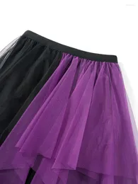 Saias Awoscut Feminina Mesh Tutu Midi Elástico Cintura Alta Babados Irregulares Multi-Camadas Tule Swing (02 Roxo