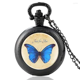 Montres de poche 2023 arrivée bleu papillon Vintage montre à Quartz hommes femmes verre dôme pendentif collier heures horloge cadeaux