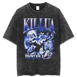Herren T-Shirts Vintage Washed T-Shirts für Männer Hunter X Hunter Hxh Killua Anime Grafik T-Shirt Damen Harajuku Oversize Tee Baumwolle Streetwear 230630