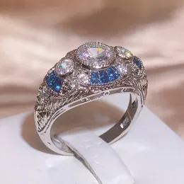 New Fashion Woman Man Party Wedding Gift Luxury Oval White Blue Topaz Zircon 18KT White Gold Ring