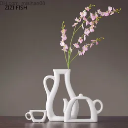 Vase 3PCS/SET NORDICシンプルなモダンな花瓶の装飾クリエイティブリビングルームの学習装飾キャビネットセラミック花瓶の花ティーポット花瓶SH190925 Z230630
