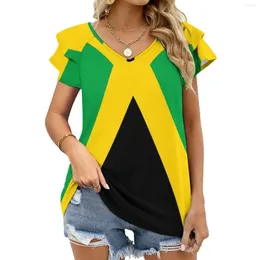 Women's T Shirts Jamaica Flag Stickers Gifts And Other Products Lotus Leaf Neck T-Shirt Long Sleeve Shirt Elegant Fashion Tops &