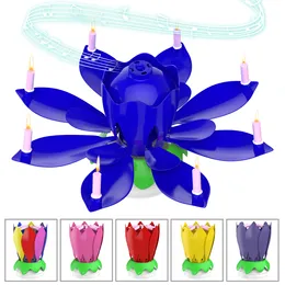 お誕生日おめでとう音楽の回転セットアップ付きケーキフラワーキャンドル - 青