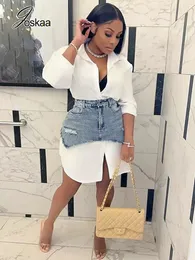 Two Piece Dress Joskaa Solid Lapel Long Sleeve Single Breasted Shirt and Irregular Denim Skirt Set Women 2023 Cute Street Outfit 230629