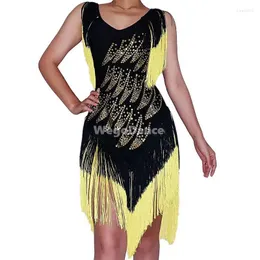 Stage Wear Shining Black Rhinestones Yellow Dress Women 's Birthday Prom Celebrate Sleeveless Latin Evening Dance Stretch Costume