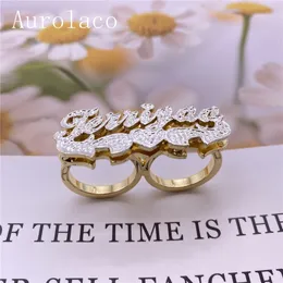 Кольца AurolaCo Персонализированное резное кольцо с двойным пальцем. Начальное кольцо. Кольца с именем. Персонализированные кольца с покрытием из 18-каратного золота для женщин. Подарки 230630